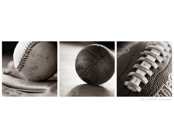 Sepia Sports Art, Sports Wall Art Prints, Kids Room Art, Set of 3 Photographs, Basketball Football Baseball Sports Decor