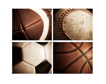 Sports decor, Tween boys room wall art, Vintage sports pictures, Set of 4 prints, Basketball, Football, Baseball, Soccer