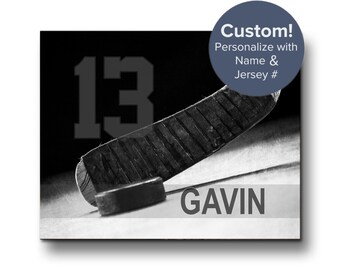 Black and White Personalized Hockey Gift, Hockey Team Gift, Hockey Sports Wall Decor, Hockey Player Gift on Print, Canvas & Metal