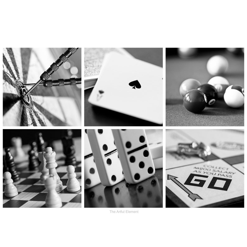 Game room decor, Home decor prints, Play room wall art, Board game art, Set of 6 prints, Classic Games Photo Set, Black & White or Sepia image 1