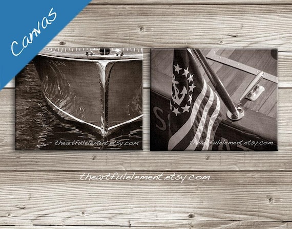 Nautical wall decor, Coastal canvas art, Boat Photography, Lake house art, Canvas Set of 2, Vintage Wooden boat wall art