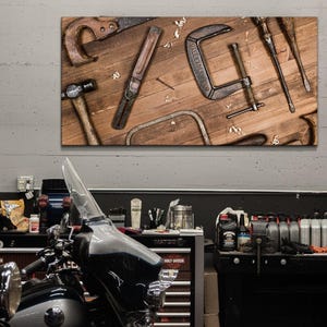 Workshop Wall Art, Vintage Tool Garage Decor, Gift for Dad Man Cave, Old Rusty Tools on Print or Canvas
