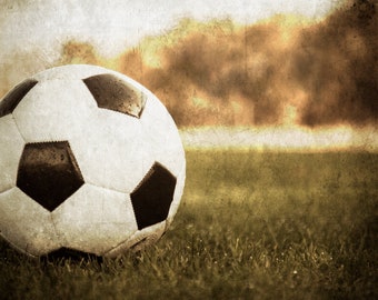 Soccer Ball on Grass Print, Vintage Sports Pictures, Teen Room decor, Soccer Art Photo on Print, Canvas or Metal