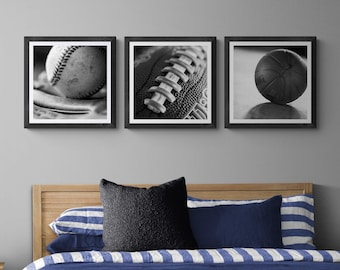 Sports Wall Art Print Set, 3 Piece Decor for Teen Boys or Kids Room | Basketball, Football, Baseball