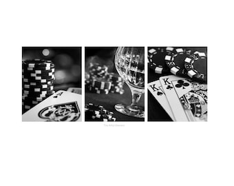 Poker Art, Set of 3 Prints, Game Room Decor, Poker Night, Man Cave Wall Art, Playing Cards and Chips Artwork