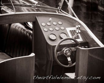 Boat photography, Sepia Prints, Vintage boat photo, Lake house art, Boating decor , Classic wooden boat helm