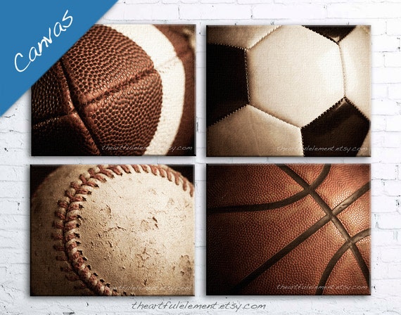 Large wall art, Sports, Canvas art, Home decor, Teen room decor, Set of 4 on Canvas / Basketball Football Baseball Soccer