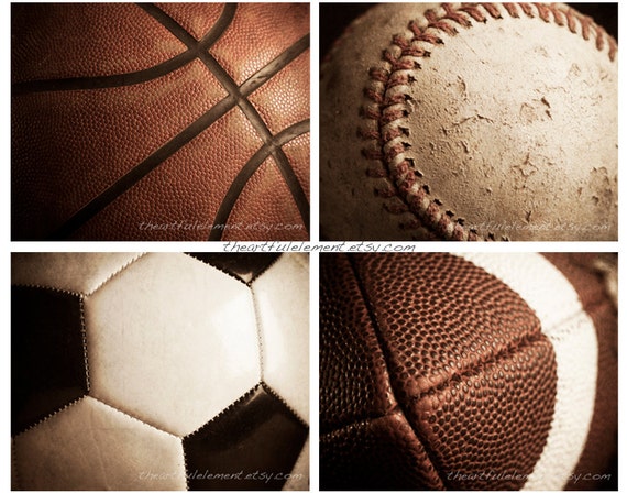 One Day Sale! Sports decor Teen boys room wall art Man cave decor Vintage style Set of 4 prints / Basketball Football Baseball Soccer