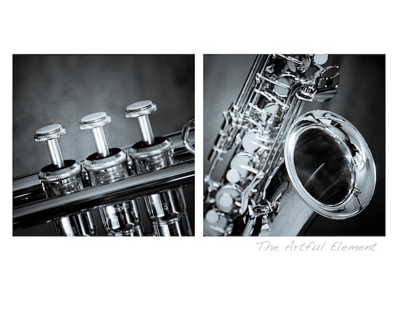 Saxophone art Music lover gift Music art Trumpet art Gifts for Musicians Jazz art Set of 2 / Brass Instruments photo set
