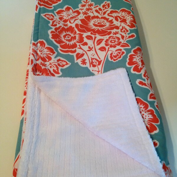 turquoise and coral floral fabric and minky baby blanket