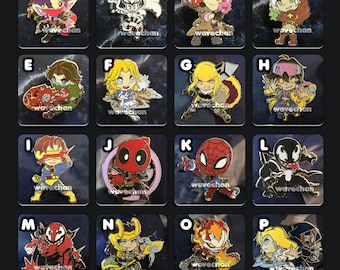 May include: A collection of sixteen enamel pins labeled A through P, featuring stylized chibi-style characters from Marvel Rivals. Each pin displays a unique character design with vibrant colors, and the text MARV RIVALS + TOKON PINS! GLOWS IN THE DARK! is visible.