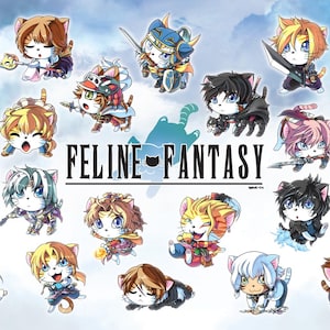 Puede incluir: Una ilustración colorida de 20 gatos de dibujos animados vestidos como personajes de la serie de videojuegos Final Fantasy. La imagen se titula "Feline Fantasy".