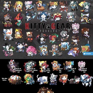 May include: A collection of 2.5-inch Kitty Gear keychains featuring various illustrated cat characters in diverse outfits and poses. The image displays numerous small, colorful feline figures with distinct accessories, weapons, and styles, including labels for specific character designs like Bedman, A.B.A., Sin, Ky, and Elphelt.