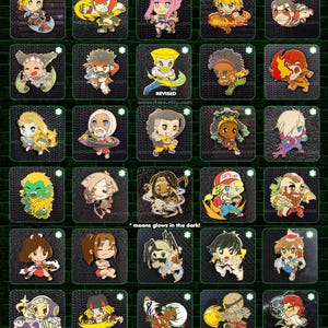 May include: A collection of Street Fighter 6 enamel pins measuring 1.5 to 2 inches. The grid displays various chibi-style character designs, some featuring glow-in-the-dark elements marked with a star icon. Text reads STREET FIGHTER 6 1.5-2 ENAMEL PINS.