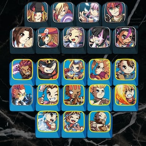 May include: A collection of twenty-four square mechanical keyboard keycaps arranged in rows. Each keycap features a unique, colorful anime-style character illustration. The top row consists of four dark blue keycaps, while the remaining twenty keycaps are bright blue with yellow borders. The text "wavechan" is printed in white in the bottom right corner.