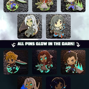 May include: Set of chibi-style enamel pins featuring characters from a video game. The pins depict characters with vibrant colors and detailed designs. The text "ALL PINS GLOW IN THE DARK!" is also visible. The pins are on a dark background.