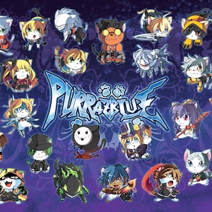 May include: A collection of various chibi-style cat characters arranged on a dark purple background. The central text reads PURRAZBLUE in a stylised blue font with paw prints above it. Each cat features unique outfits, accessories, and colours.