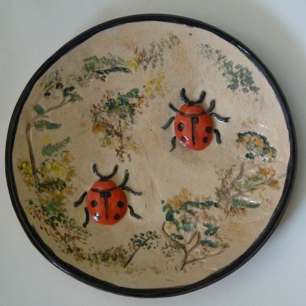 Small Ceramic Lady Bug Dish, 6- 1/2" Trinket Dish, Garden Plate, Snack dish, Jewelry Holder, Organic Plate