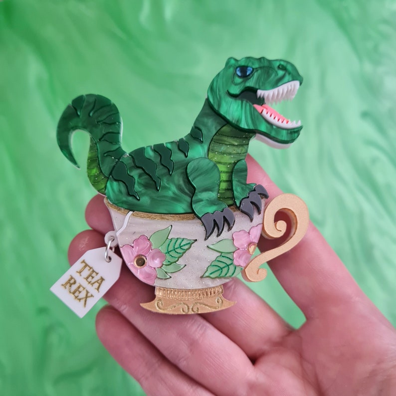 T rex, dinosaur, tea rex, teacup, tyrannosaurus brooch or necklace image 6