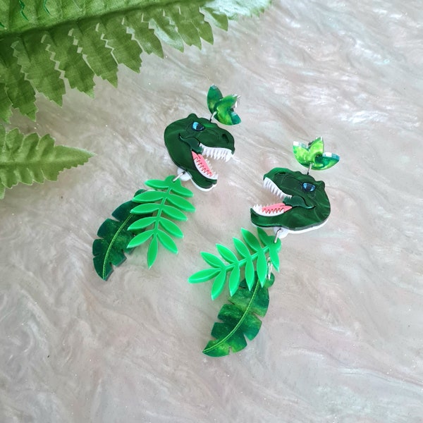 T rex, dinosaur, tyrannosaurus, tropical leaf, charm earrings