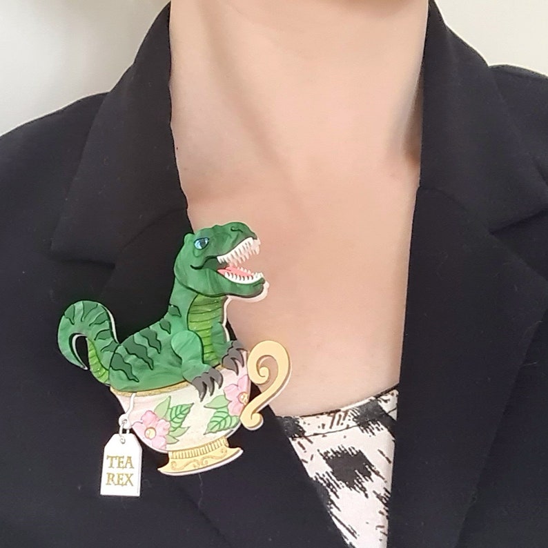 T rex, dinosaur, tea rex, teacup, tyrannosaurus brooch or necklace image 9