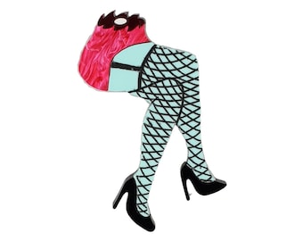 May include: A pair of legs with a red and white patterned skirt and blue fishnet stockings. The legs are wearing black high heels.