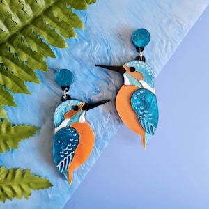 Kingfisher earrings, bird, jewellery, blue, laser cut, dangly