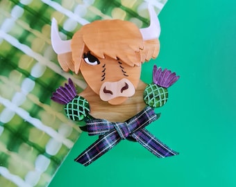 Highland koe broche, Schots, koe, hooglanden, acryl, distel, tartan