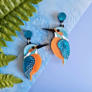 Earrings, kingfisher, bird, dangle, wildlife, laser cut, acrylic, perspex, blue