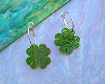Four leaf clover lucky dangle hoop earrings