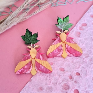 Rosy maple moth dangle earrings