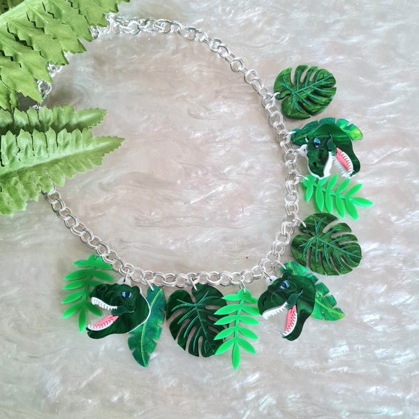 T rex, dinosaur, tyrannosaurus, charm leaf necklace