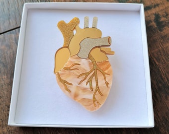 May include: A gold and peach-colored anatomical heart brooch with glitter accents. The heart is detailed with veins and arteries.