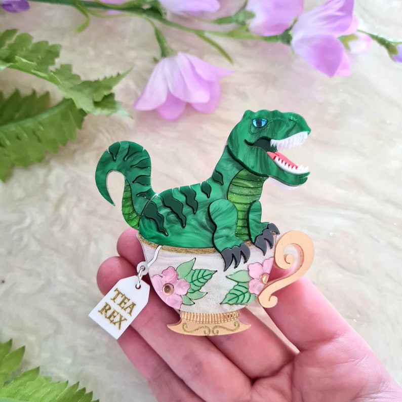 T rex, dinosaur, tea rex, teacup, tyrannosaurus brooch or necklace image 5