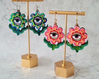 Retro stylised flower hoop earrings