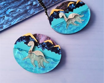 Nessie at night loch ness monster brooch necklace