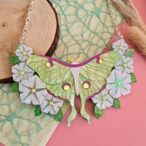 Luna moth and moonflowers statement necklace