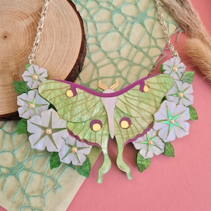 Luna moth and moonflowers statement necklace