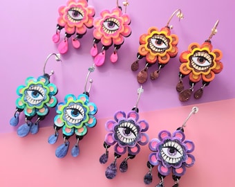 Retro inspired flower boho hippy hoop earrings