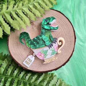 T rex, dinosaur, tea rex, teacup, tyrannosaurus brooch or necklace image 1