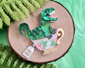 Broche ou collier T rex, dinosaure, tea rex, tasse de thé, tyrannosaure