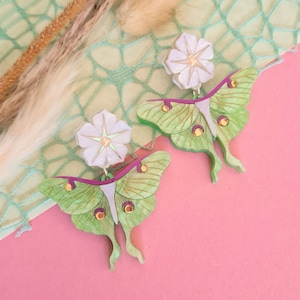 Luna moth and moonflower earrings