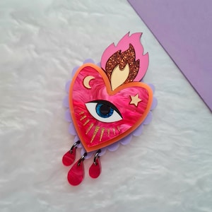 Flaming heart statement brooch or necklace - hot pink and neon orange