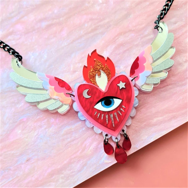 Flaming winged heart statement necklace - silver