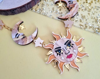 Sun,moon and stars statement charm necklace