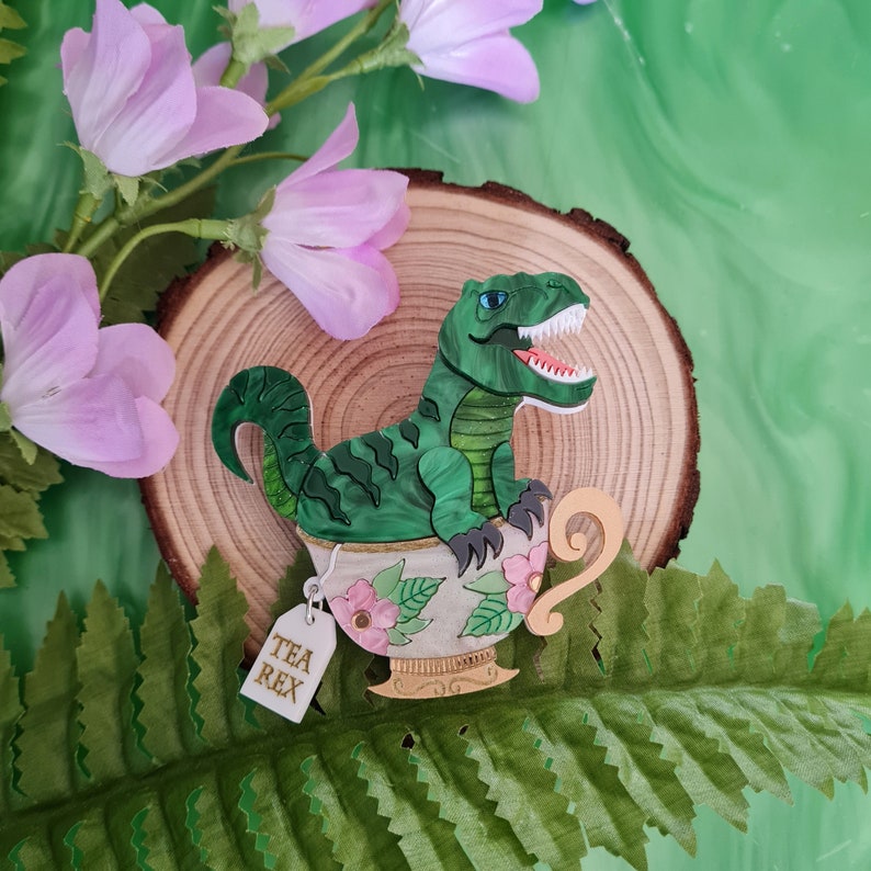 T rex, dinosaur, tea rex, teacup, tyrannosaurus brooch or necklace image 3