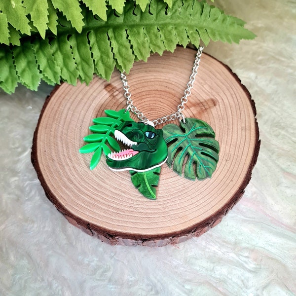 T rex, dinosaur, tyrannosaurus, leaf charm pendant necklace