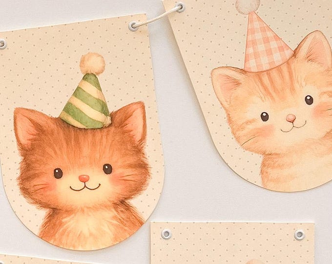 Kitten Birthday Banner, Whimsical Cat Party Decorations, for Fireplace Mantel or Cake Table Backdrop, Soft Color Decor, Puurfect Meow Party