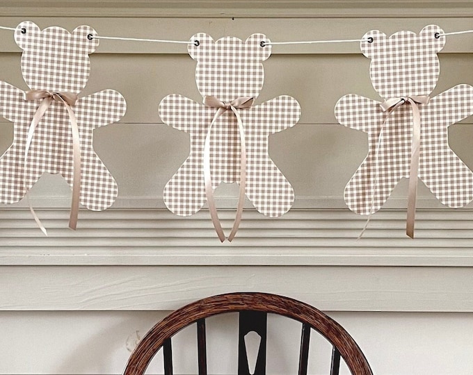 Baby Shower Teddy Bear Banner Garland, 5 Large 7 3/8"W x 9 1/2"H Gingham Beige Bears, Adjustable Length, Nursery Decoration for Baby Boy