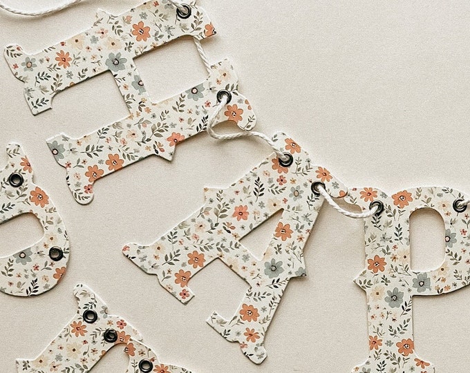 Happy Birthday Banner  - Peach Floral Girl Party Decor, Adjustable, Reusable 4" Letters